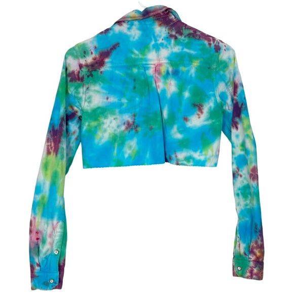 Madewell Tie Dye Crop Button Down Shirt Womens Size XS Top Handmade Blue Multi - Picture 2 of 13